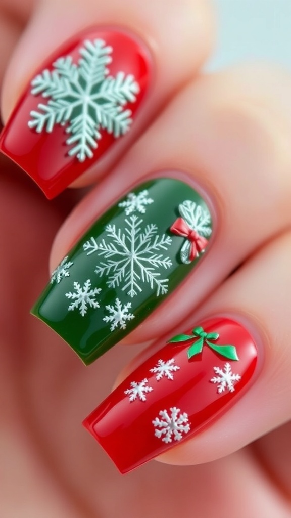 Close-up of elegant 3D Christmas nail art with red and green polish, decorated with snowflakes and bows.